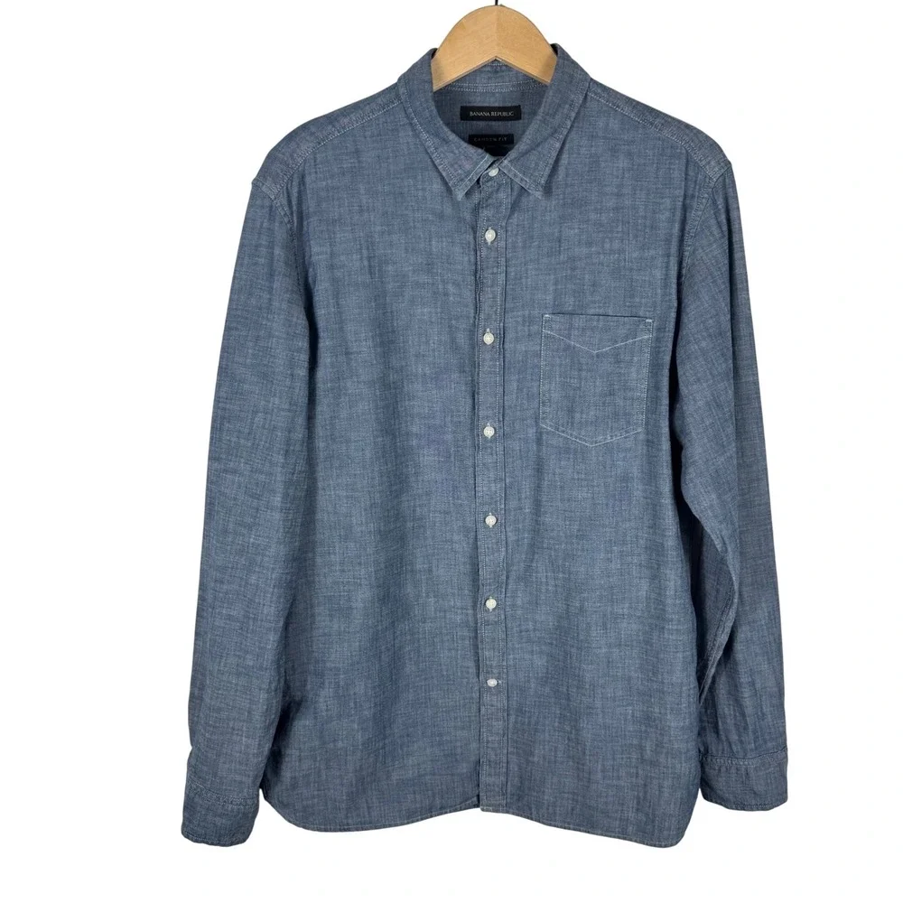 Banana Republic Cotton Chambray Camden Fit Button Down Shirt Mens Large Blue